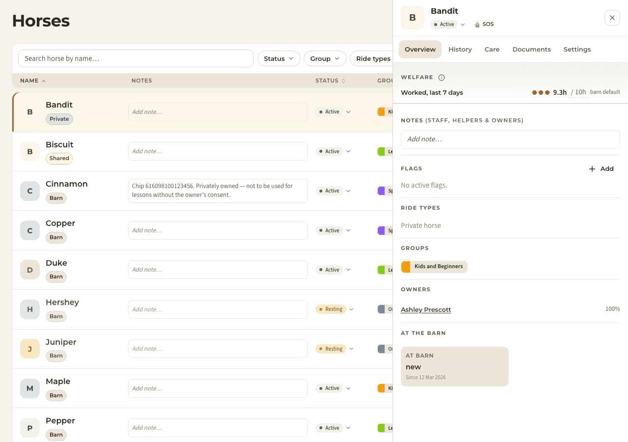 screenshot — horse profile & workload